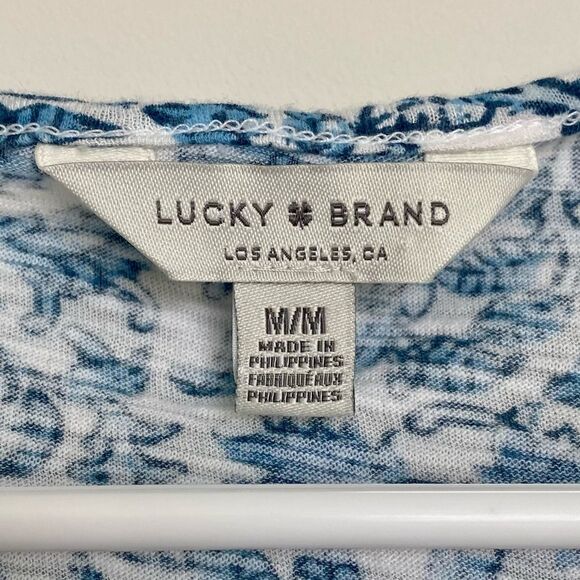 Lucky Brand Blue Floral Oversized Comfy Cropped Tee Tie Neck Top Size Medium - Picture 4 of 8